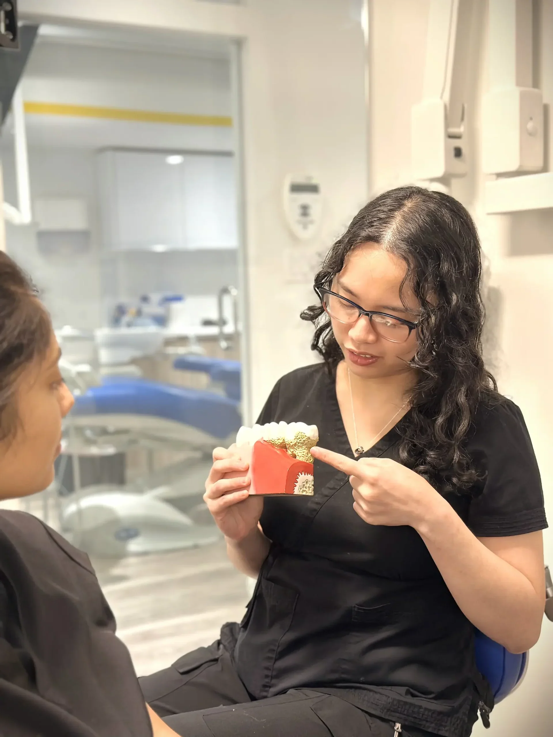Dental professional explaining a tooth model to a patient