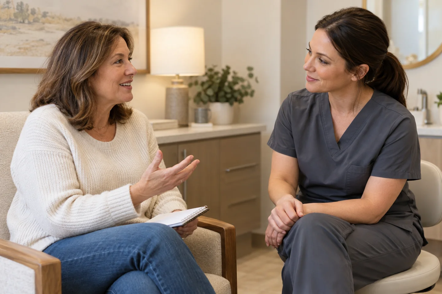Illustrative photograph of a patient and dental professional discussing a first visit