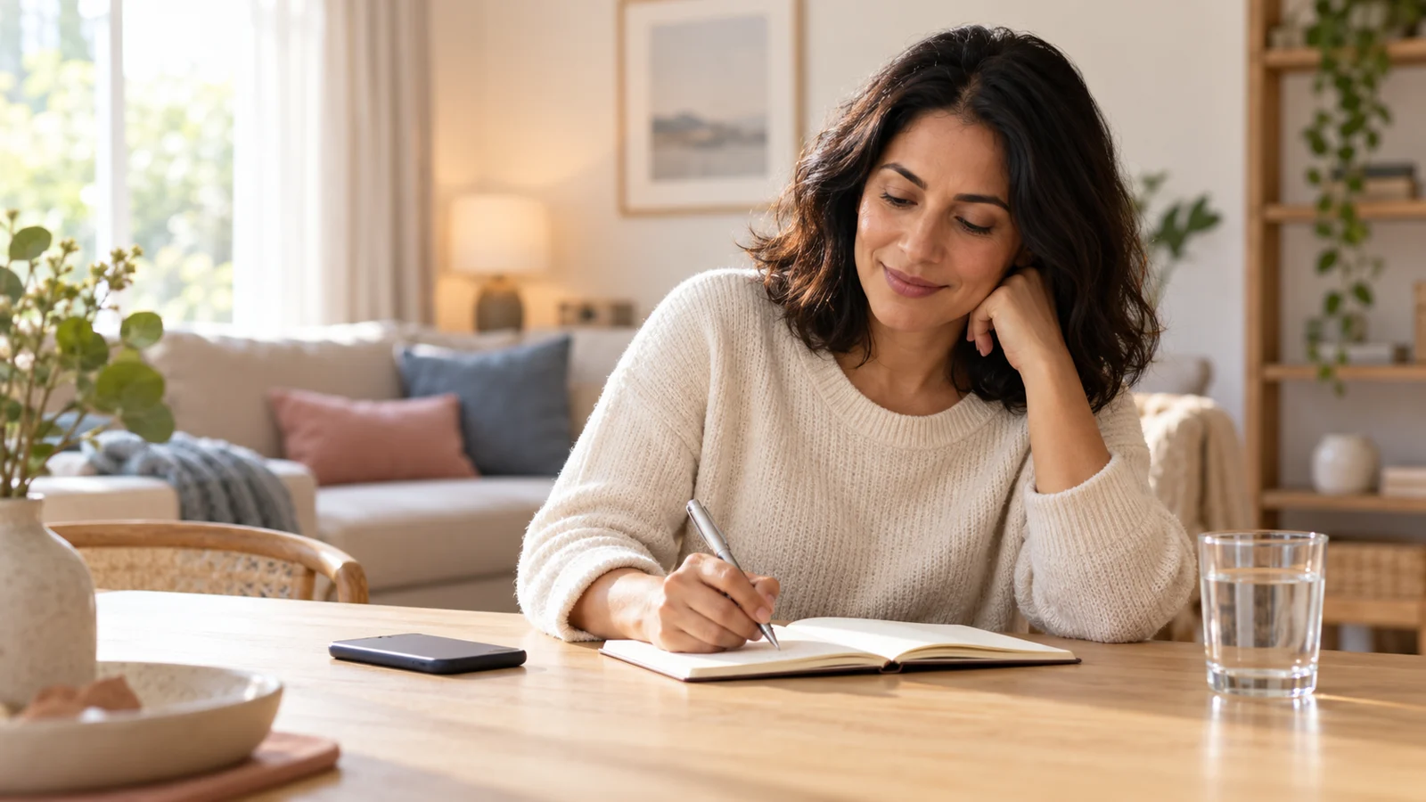 Illustrative photograph of a woman writing questions in a notebook before a dental appointment